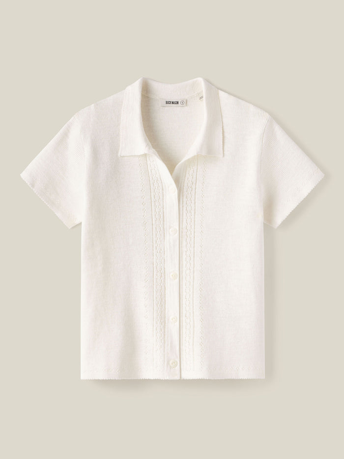 Soft White Coastal Linen Pointelle Button - Through Polo - Product flat