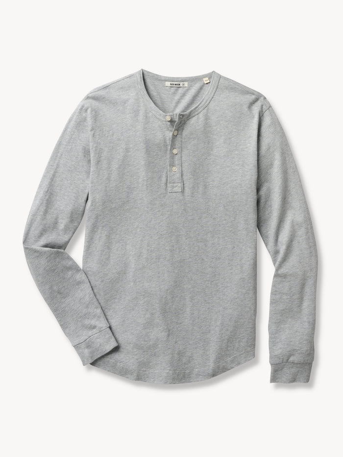 Pictures of Heather Grey Pima Tall Curved Hem Henley from a variety of angles