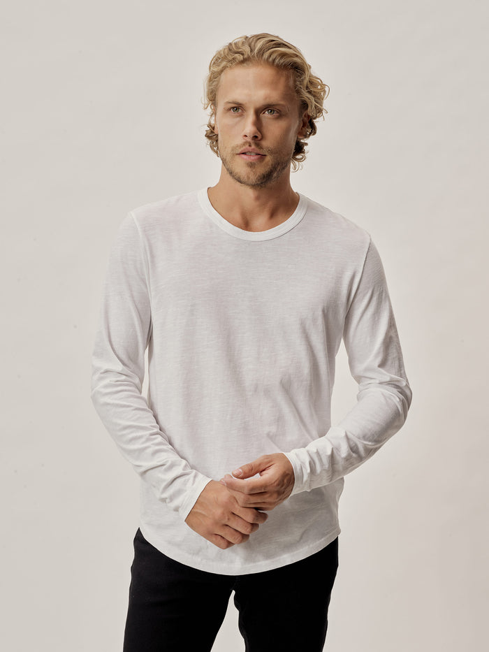 View of the White Long Sleeve Slub Curved Hem Tee