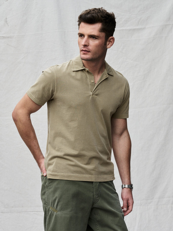 Model Wearing Faded Oregano Venice Wash Sueded Cotton Polo