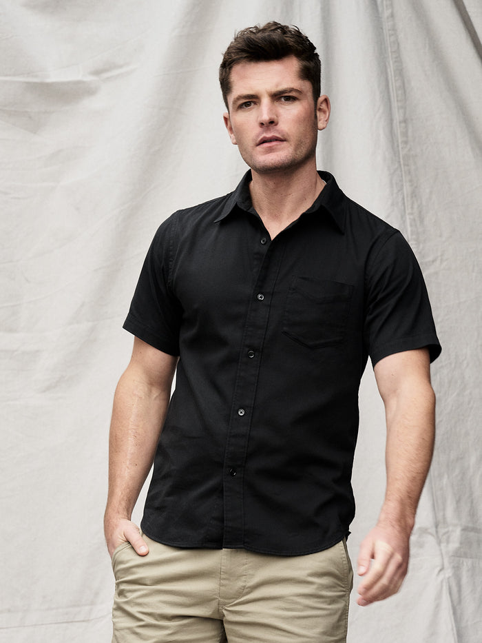 View of the Black Draped Twill SS One Pocket Shirt