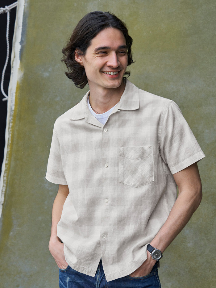 View of the Natural/Oyster Shadow Plaid Breeze Cotton Linen S/S Camp Shirt