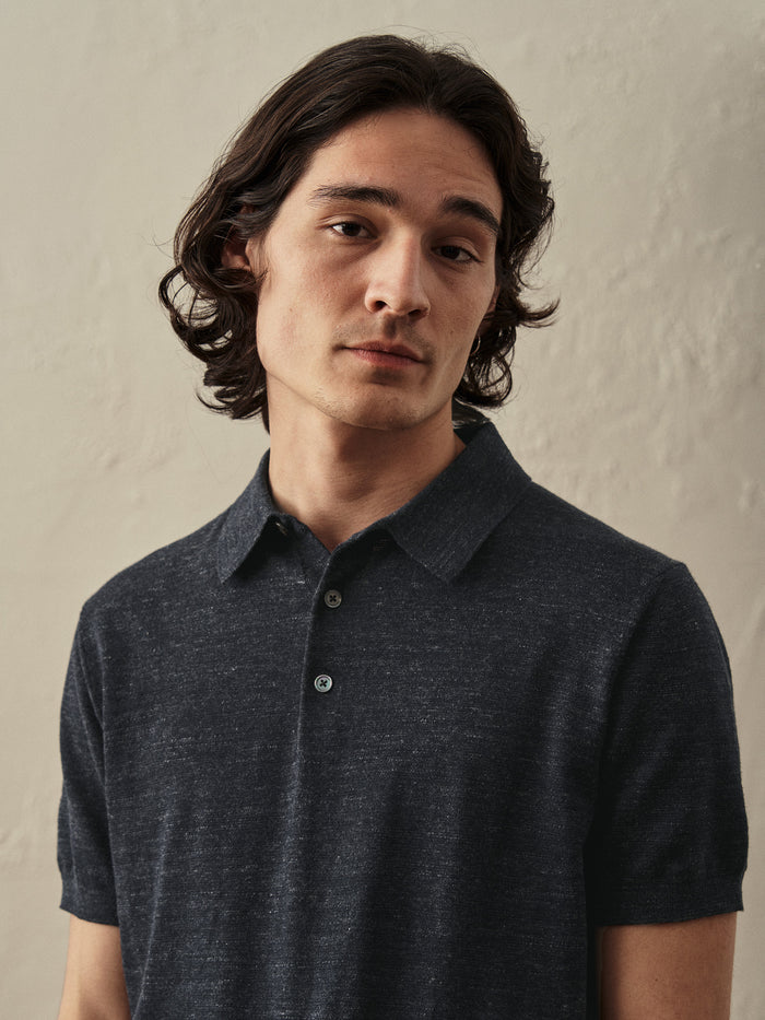 Model Wearing Navy Heather Avalon Knit Polo - Front