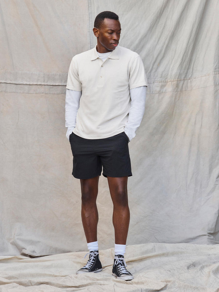 Model Wearing Linen Pique Polo