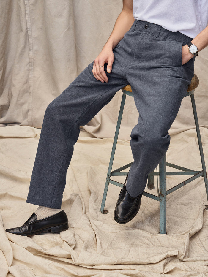 View of the Dark Navy Linen Hopsack Carry - On Officer Pant