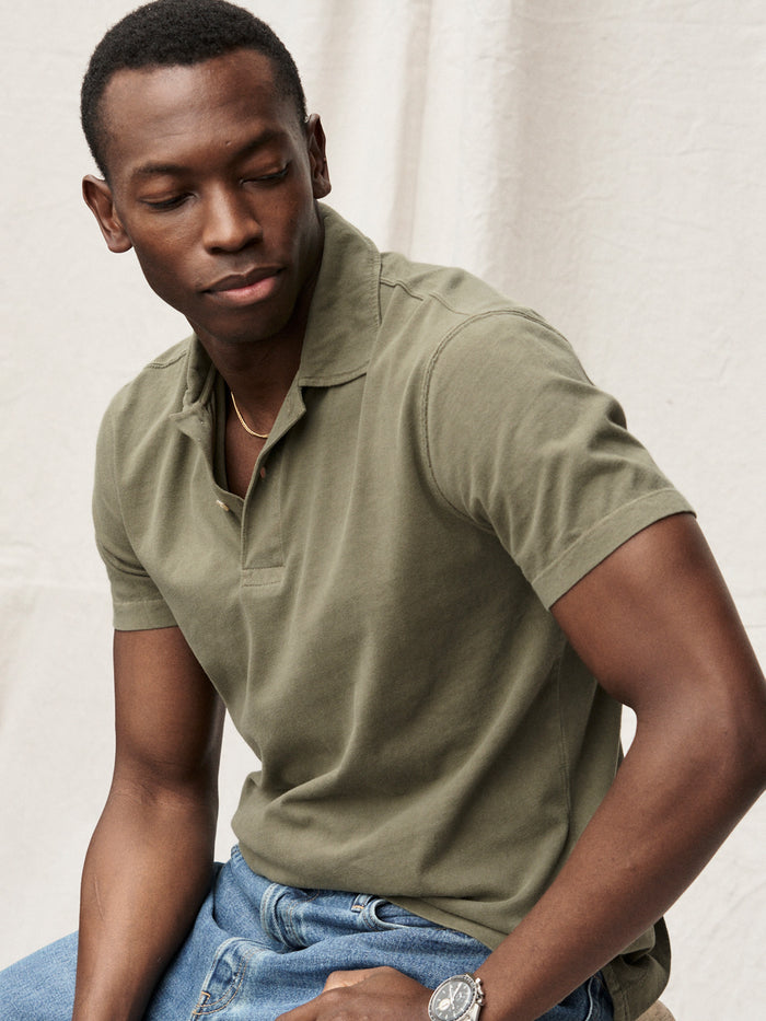 Model Wearing Sage Venice Wash Sueded Cotton Polo