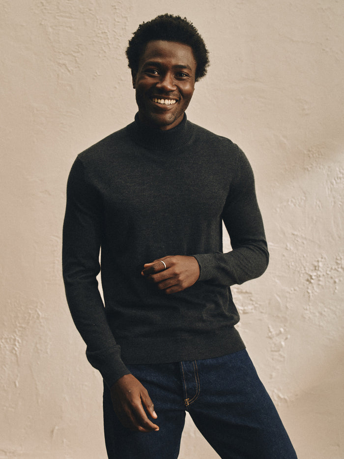 Model Wearing Dark Charcoal California Cashmere Turtleneck