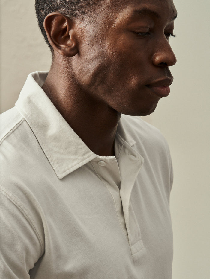 Model Wearing Natural Venice Wash Sueded Cotton LS Polo