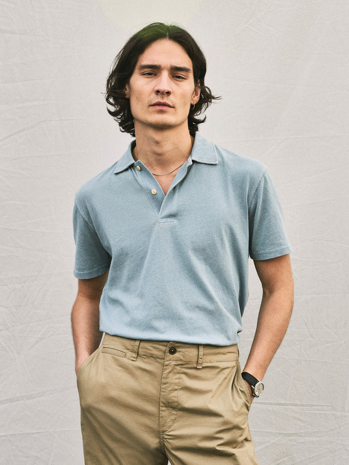 Model Wearing Indigo Dipped Cotton Polo