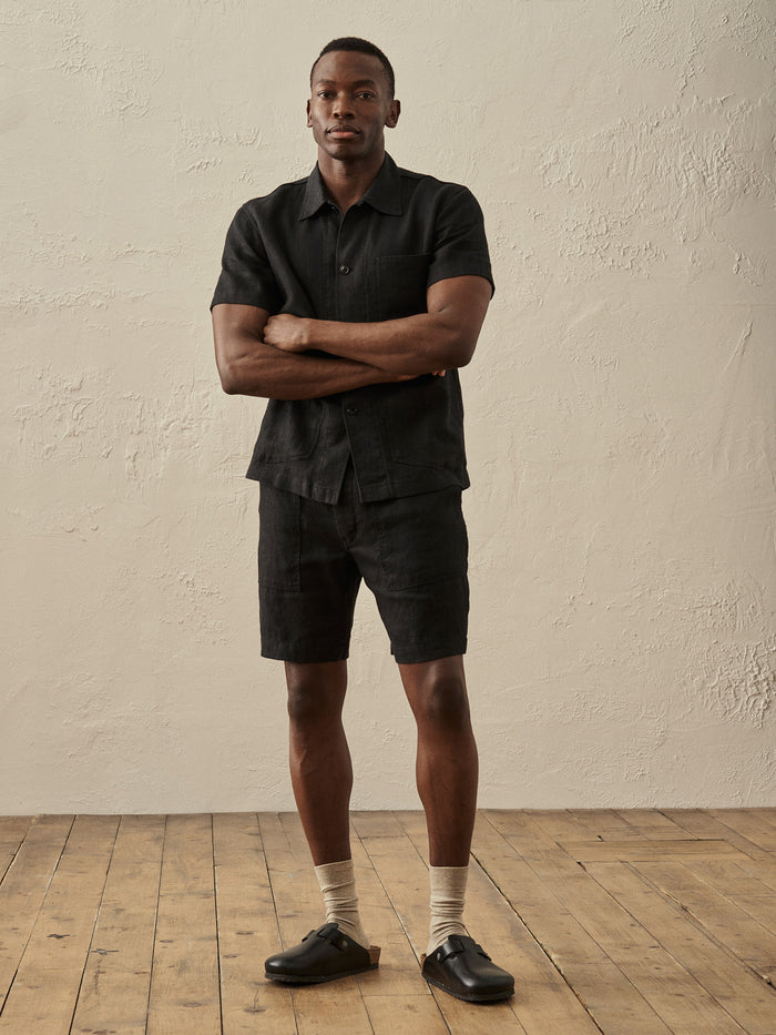 View of the Black Loomed Linen S/S Surplus Shirt