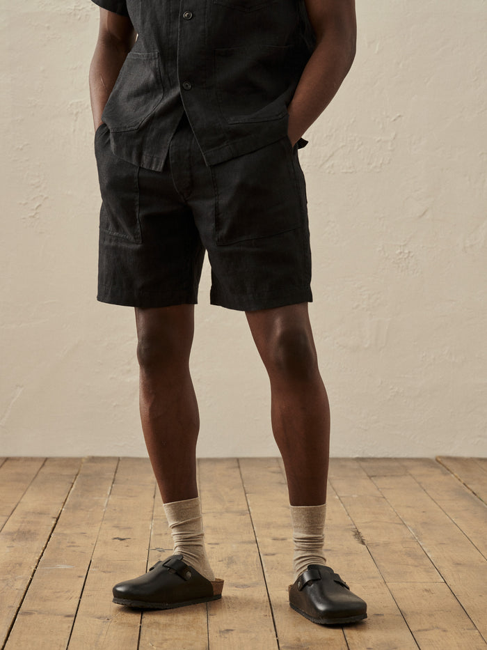View of the Black Loomed Linen Fatigue Short