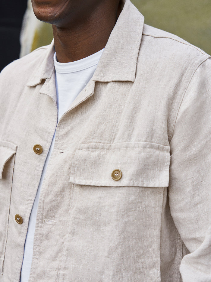 View of the Natural Loomed Linen Fatigue Shirt