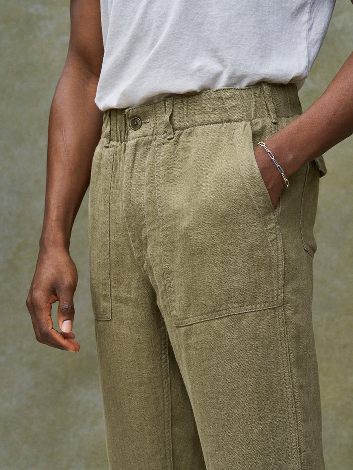 View of the Olive Herringbone Loomed Linen Fatigue Pant