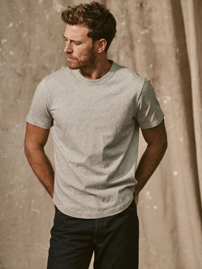 View of the Heather Grey Pima Curved Hem Tee