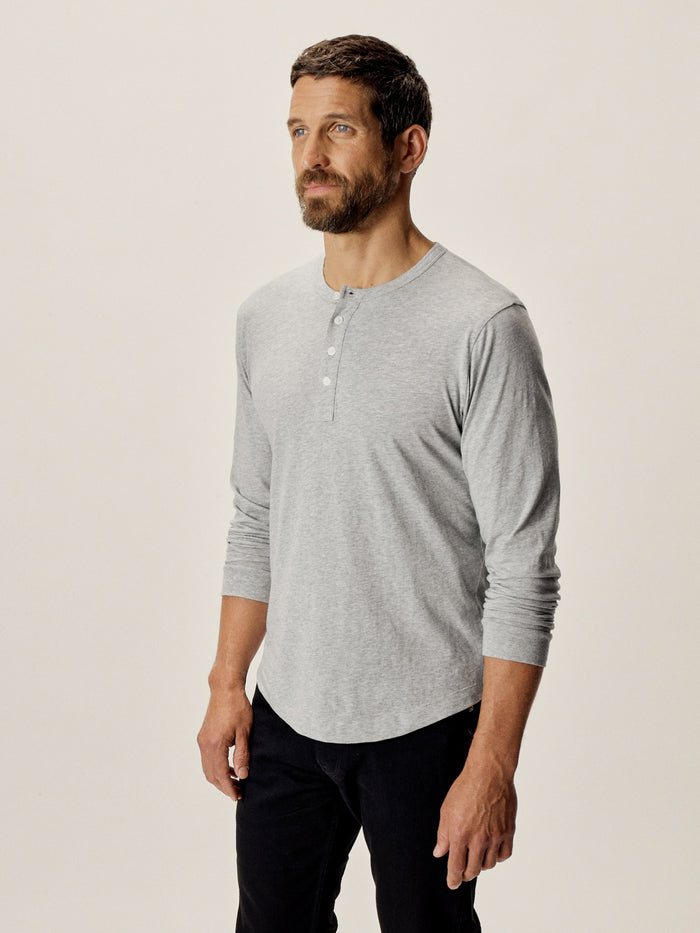 Model Wearing Heather Grey Henley - Curved Hem