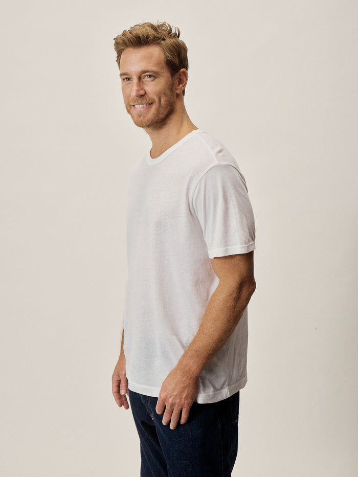 Model Wearing White Costa Classic Tee