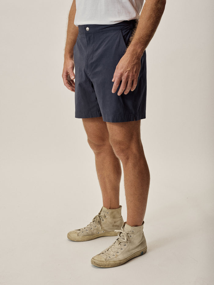 Model Wearing Dark Navy 6 Inch Deck Short - Side