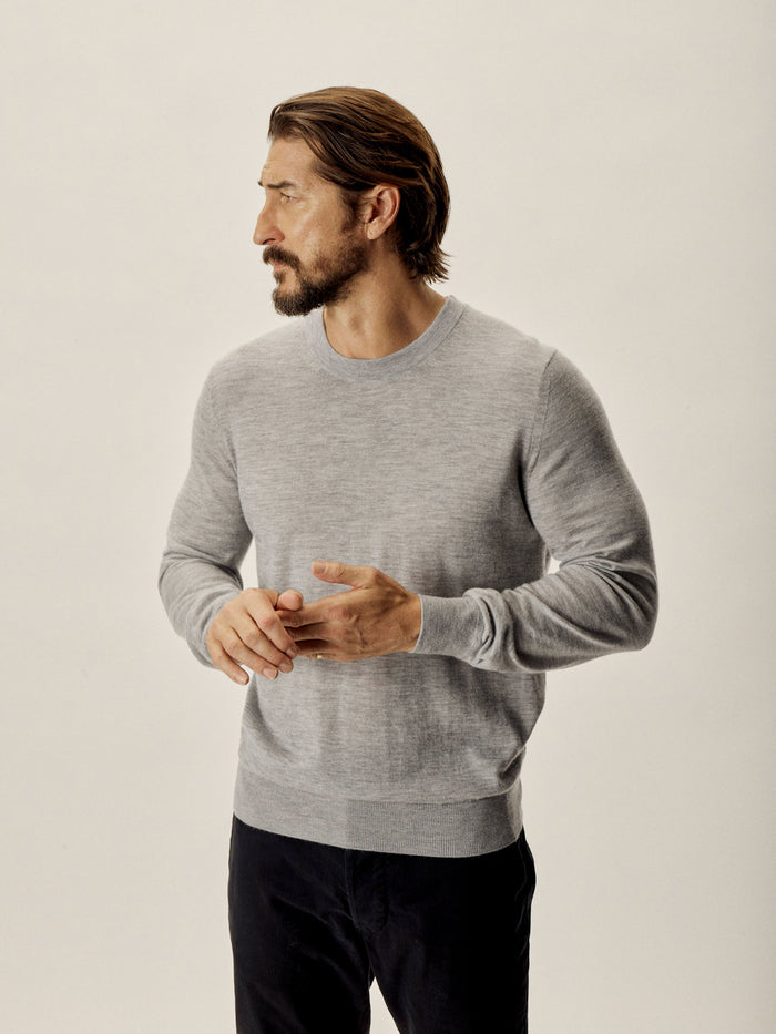 Model Wearing Heather Grey California Cashmere Crew - Front