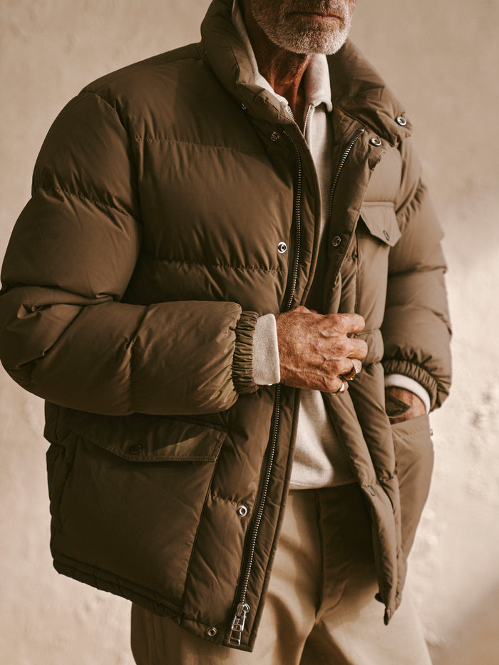 Model Wearing Coyote Cascade Down Expedition Jacket