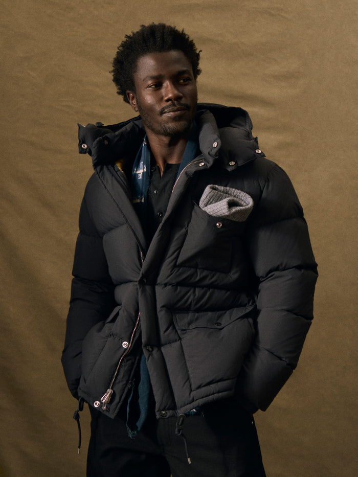 Model Wearing Midnight Cascade Down Expedition Jacket