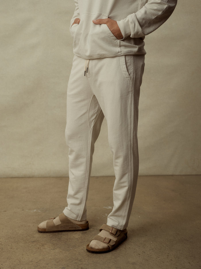 Model Wearing Natural Venice Wash Loopback Trouser