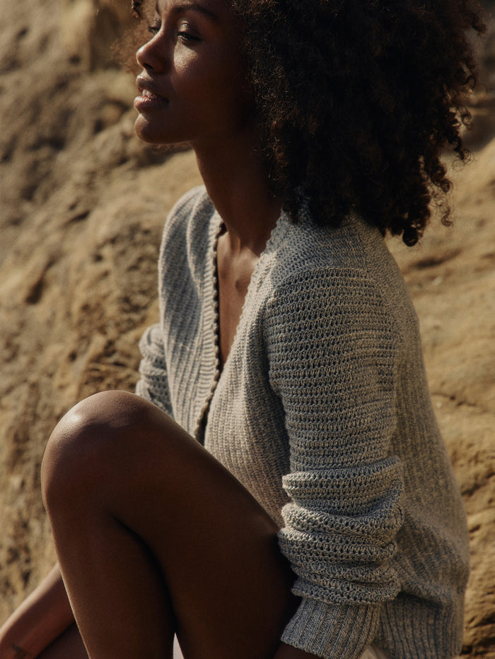 Model Wearing V Neck Cardigan - Blue Seafarer Crochet