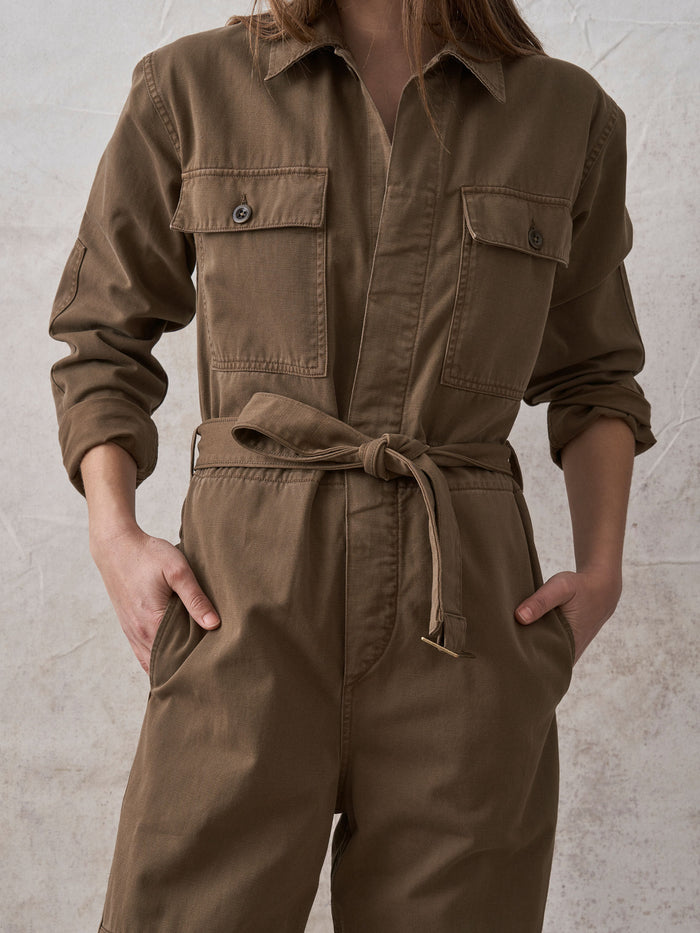 Model Wearing Bronze Brown Baja Twill Studio Jumpsuit - Front