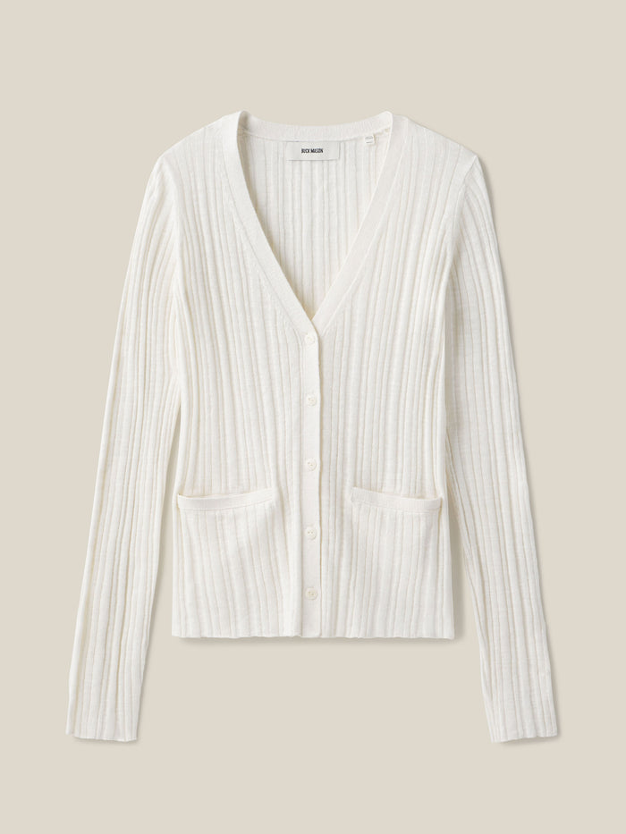 Soft White Coastal Linen Rib Cardigan - Product flat