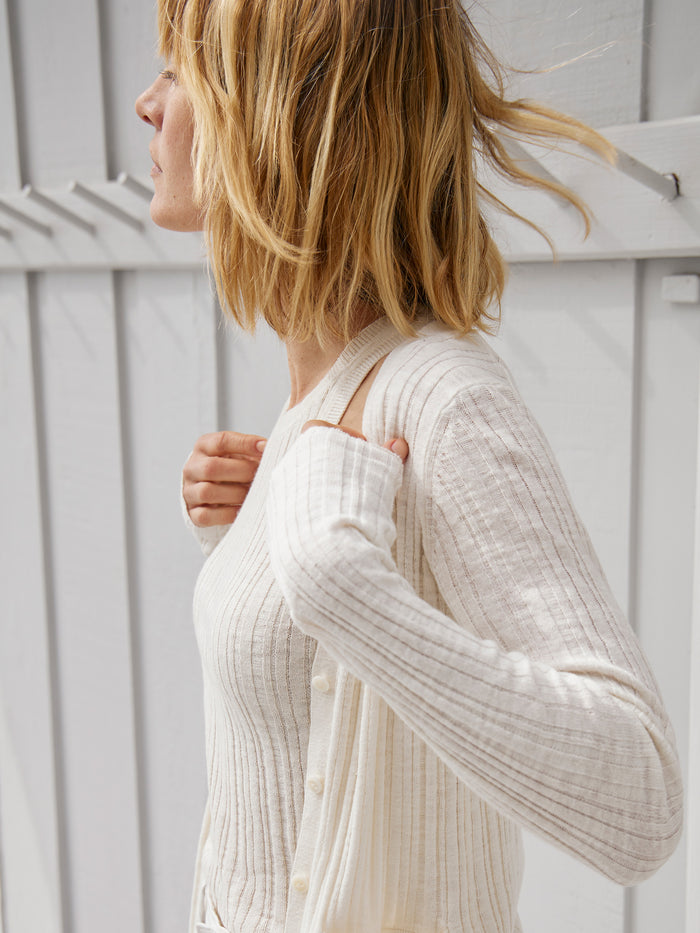 Model Wearing Soft White Coastal Linen Rib Cardigan - Side