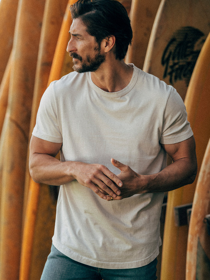 View of the Bone Venice Wash Pima Curved Hem Tee