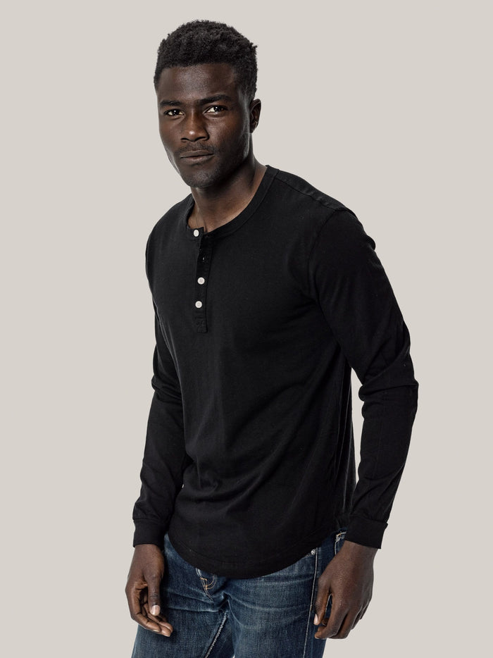 Model Wearing Black Henley Curved Hem - Front