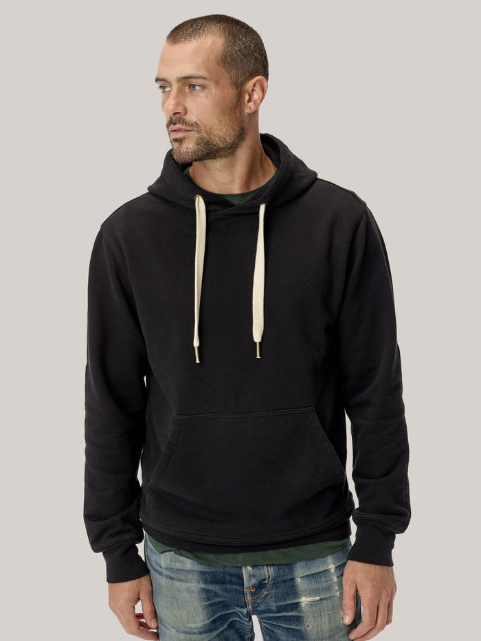 Model Wearing Black Brushed Loopback Hooded Sweatshirt