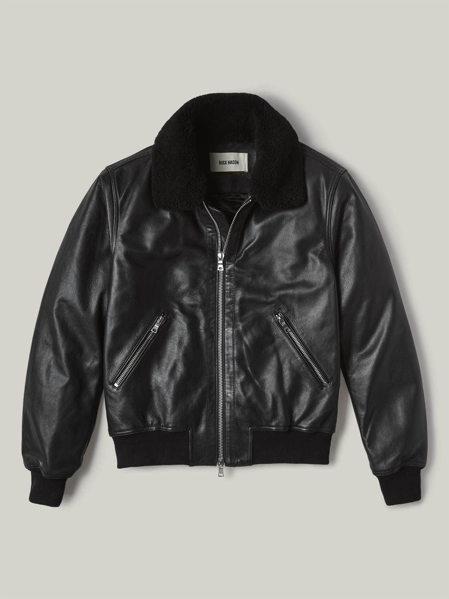 Black Shearling Leather Bomber Jacket