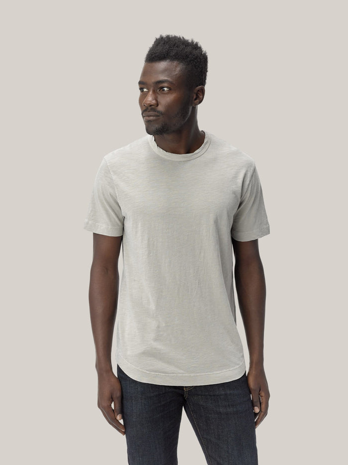 Model Wearing White Sand Venice Wash Slub Curved Hem Tee