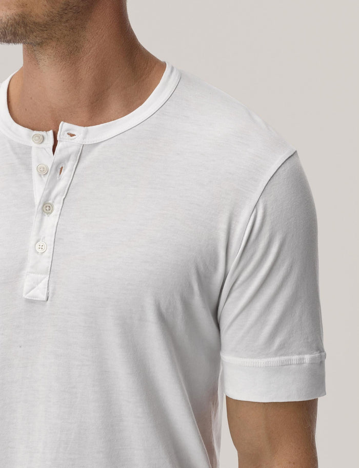 View of the White Pima Short Short Sleeve Curved Hem Henley