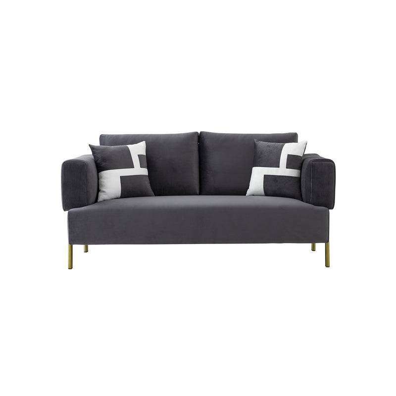 SOFA DE DOS ASIENTOS EN TELA COLOR GRIS OSCURO Y PATAS DORADAS – Ilumel