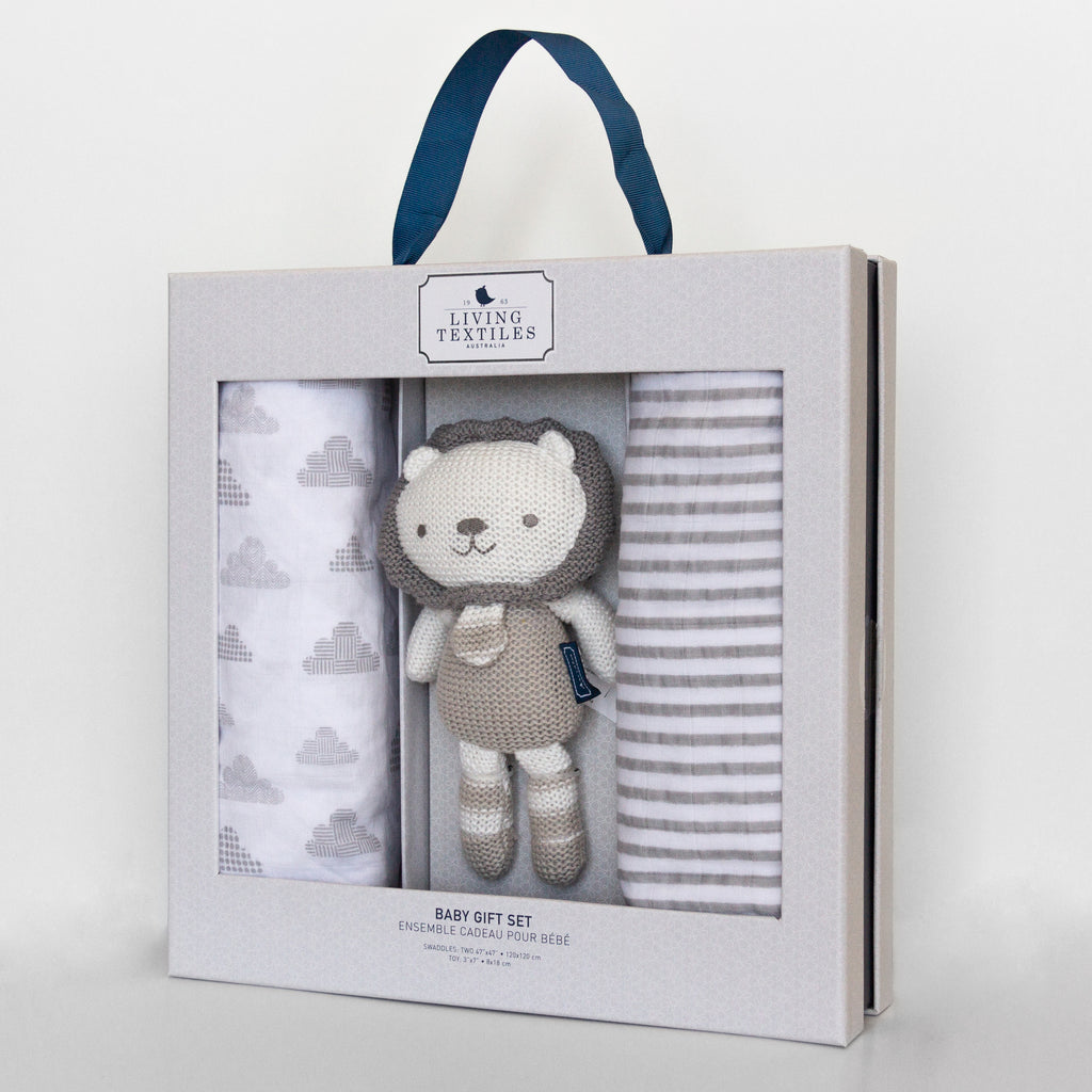 Bento Box Gift Set - 2 pack Muslin Swaddle with Mini Austin Lion Knit Rattle Toy 