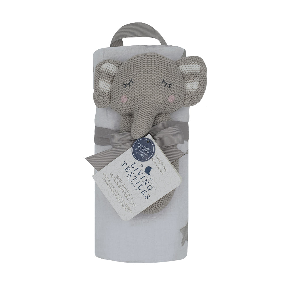 Cotton Muslin Swaddle Grey Stars W Theodore Elephant Rattle Living Textiles Co