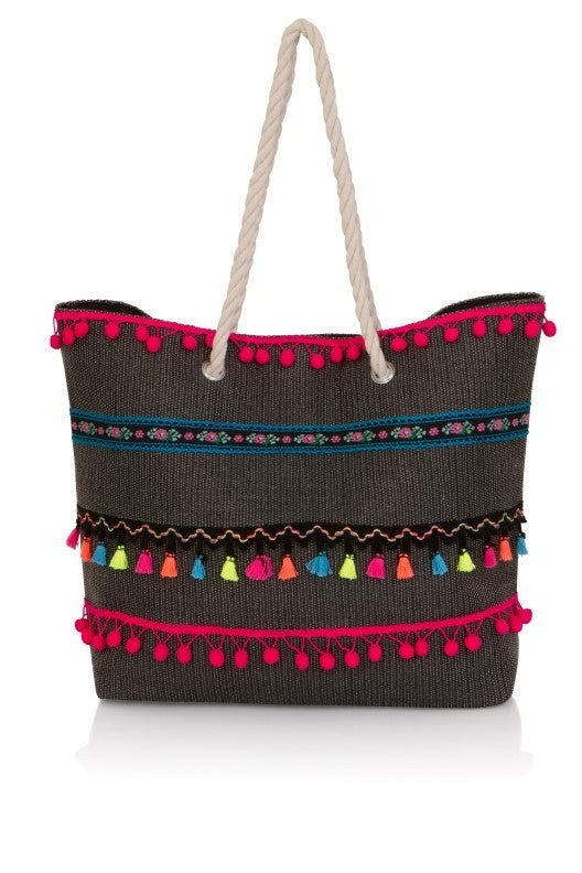 Multicolour tassel woven bag Pom Pom rope handle tote bag women canvas online shop India the beach company black and red beach bags poolside grocery college use travel bags
