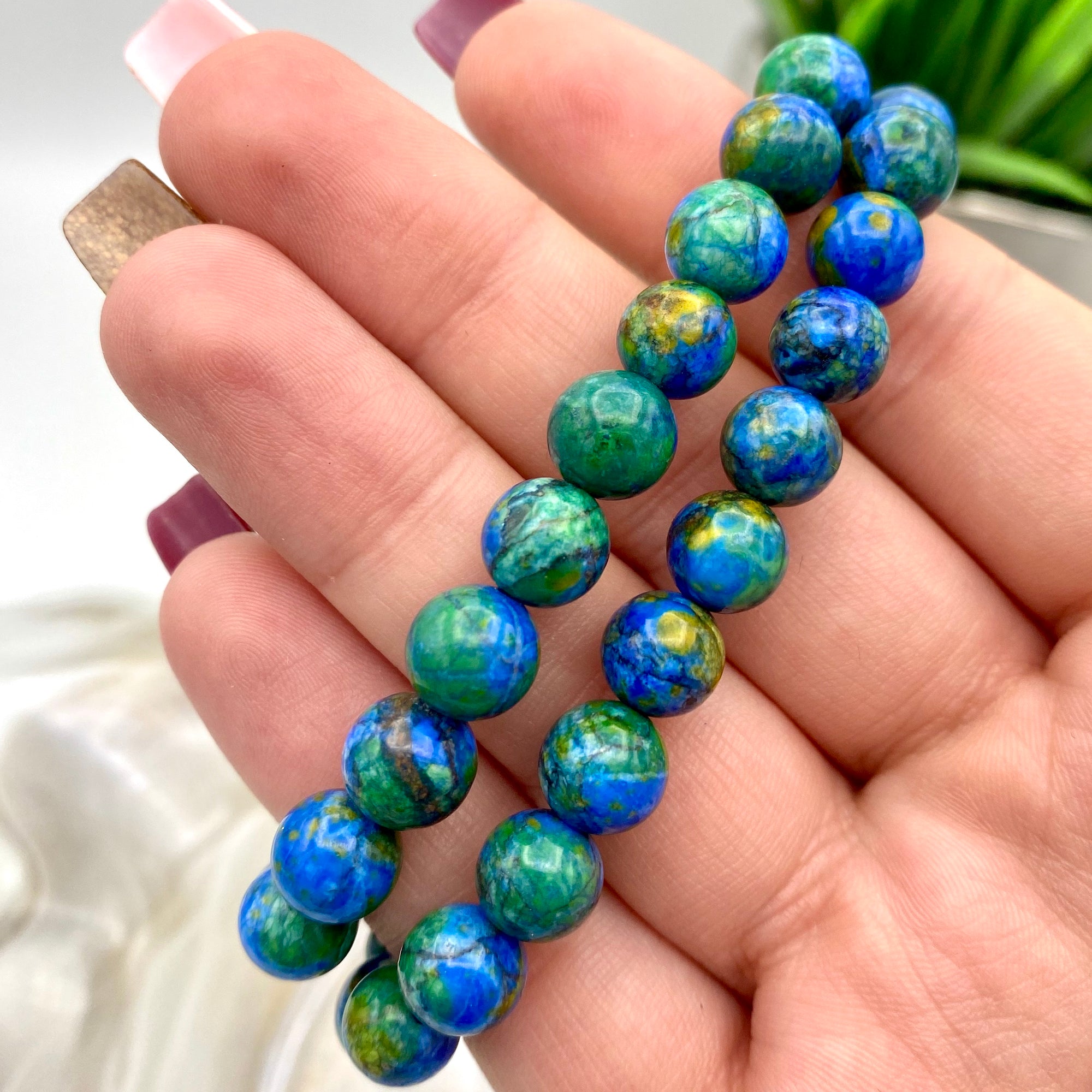 Natural Azurite Malachite 8mm Smooth Round Gemstone Beads Stretch Bracelet  - 21254