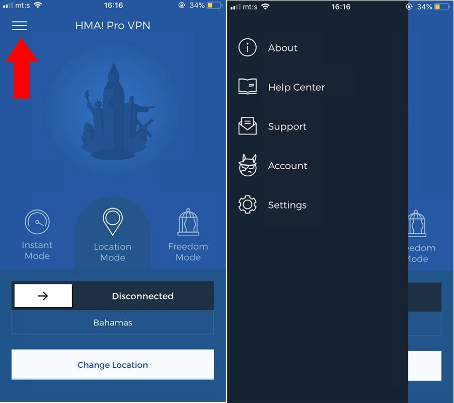 How to use the HMA! iOS App Menu