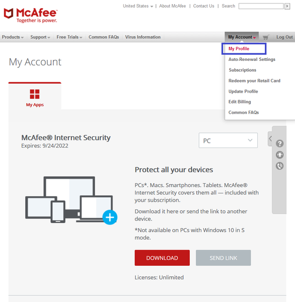 McAfee Account Change Password