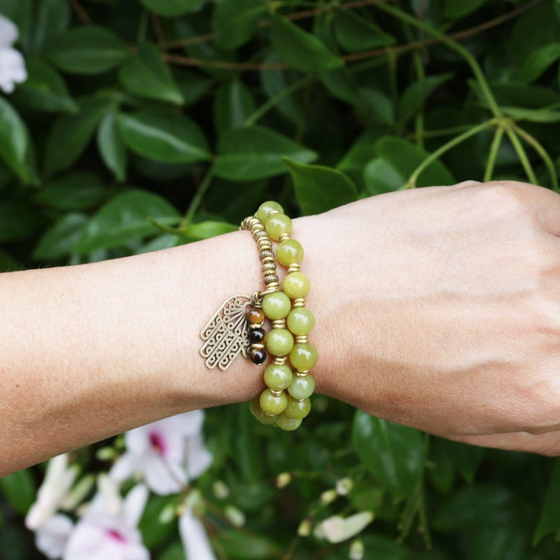 Harmony, Lemon Jade 27 Bead Mala Bracelet with Hamsa Hand and Tiger's