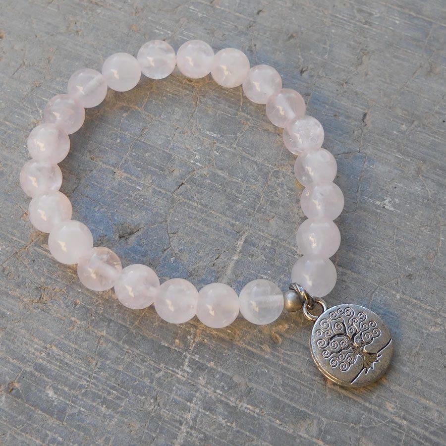 Healing and Wisdom, Genuine Rose Quartz Gemstone Mala Bracelet with Tr