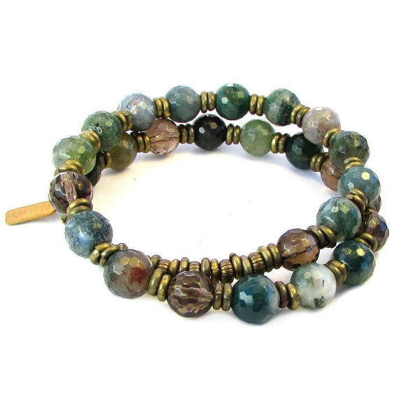 Moss agate and Smoky quartz 27 bead wrist mala bracelet