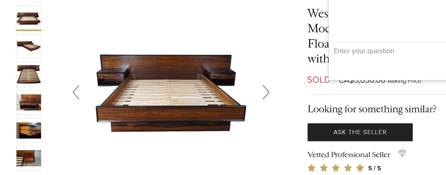 RESTORED Danish Mid Century Modern Rosewood Queen Bed w Floating Nightstands