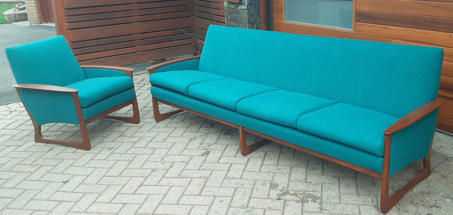 REFINISHED & REUPHOLSTERED Mid Century Modern Teak Sofa & Armchair, Perfect