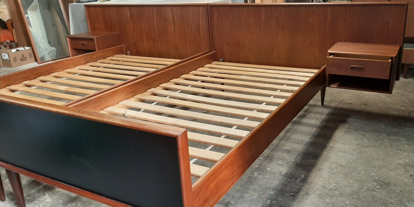 REFINISHED Danish MCM Teak Platform Beds w floating nightstands - set of 2 singles, PERFECT - Mid Century Modern Toronto