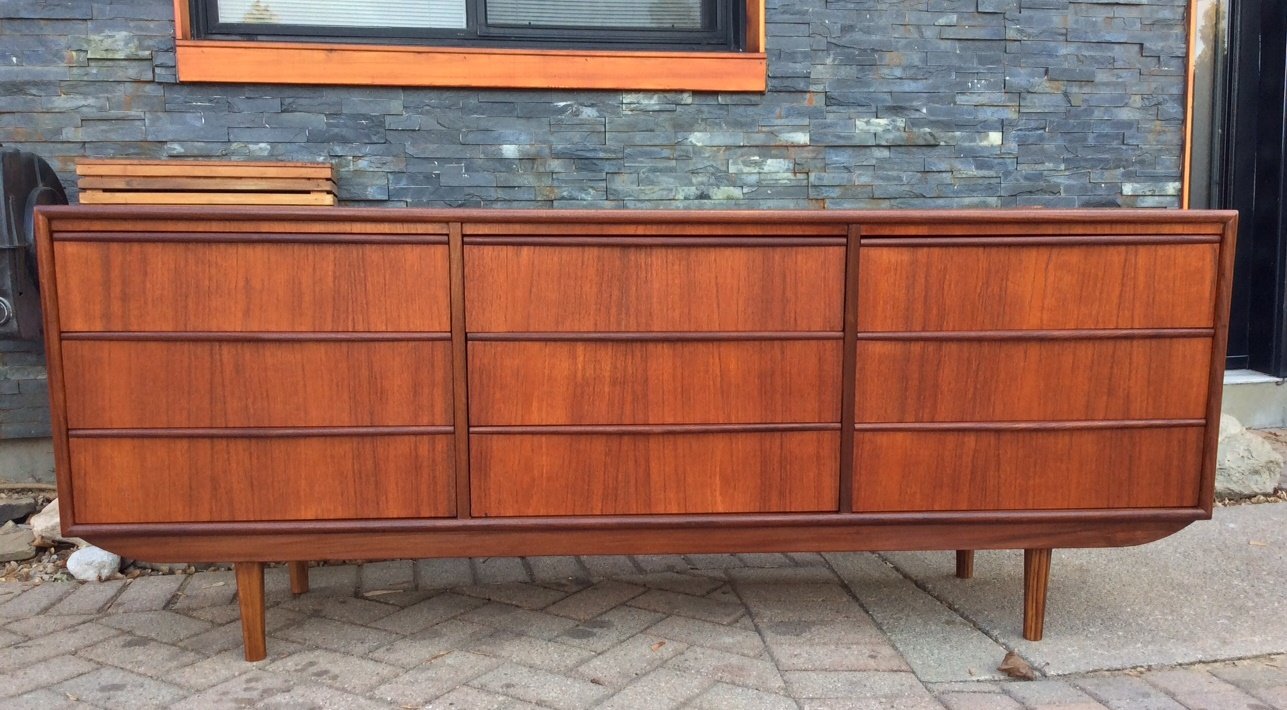 Refinished Mcm Teak 9 Drawers Dresser Tallboy Headboard With