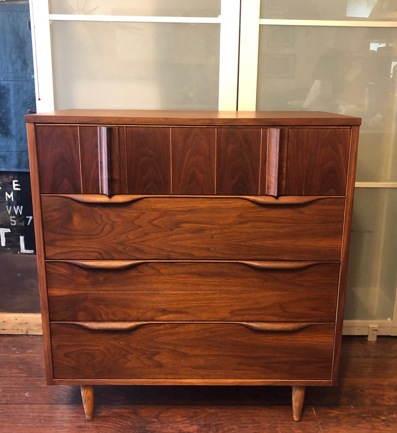 Refinished Mid Century Modern Walnut Tallboy Dresser 4 Drawers